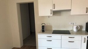 A kitchenette with white cabinets, a countertop, a kettle, and a portable heater. - ROSE VALLEY (Ljubljana)