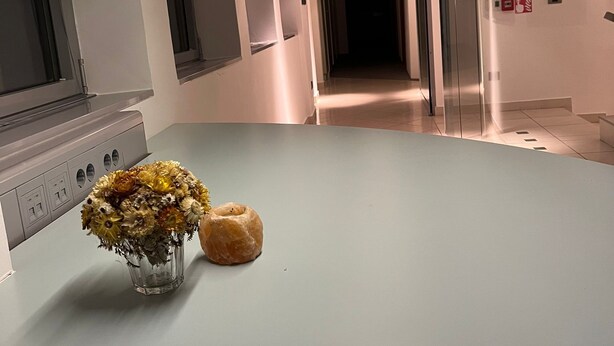 En hall med en glasdörr, en liten vas med blommor och en munk på ett bord.