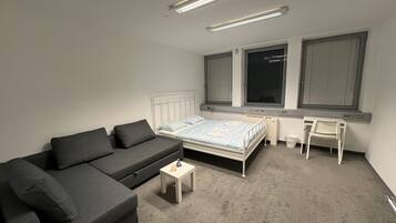 Une chambre à coucher avec un lit, un canapé gris, une petite table, un bureau et deux fenêtres.