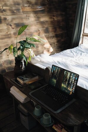 A laptop on a wooden desk with a plant, books, and a cup.