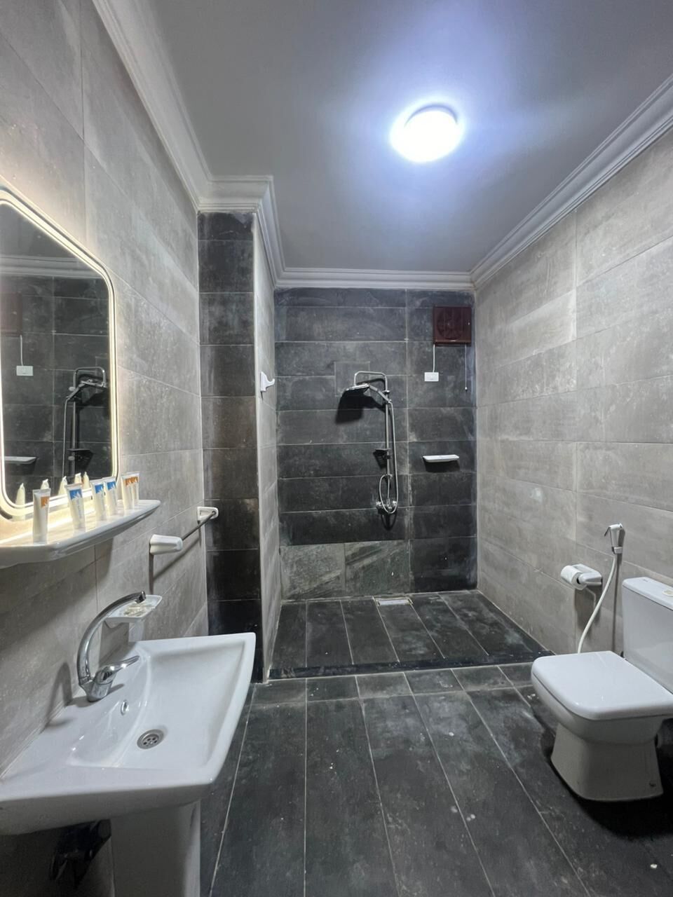 A bathroom with a shower, sink, toilet, and a mirror.
