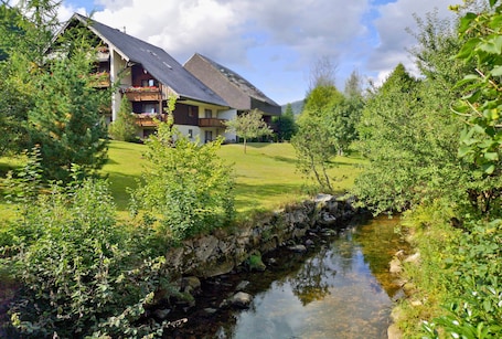 A chalet-style building with a sloped roof, a stone retaining wall, and a small stream running through the property.. Vacation home Albmatte-large garden-perfect for couples, groups and families