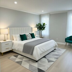 A modern bedroom with a bed, nightstands, a plant, and a chair. - Spacious 3BR Home • Free Parking • Convenient NYC Access • Perfect for Families (Yonkers)