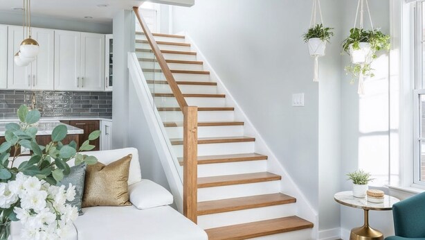 Ein modernes Interieur mit Treppe, weißen Wänden, einer Küchenzeile und einer Sitzecke inklusive Sofa und rundem Tisch.