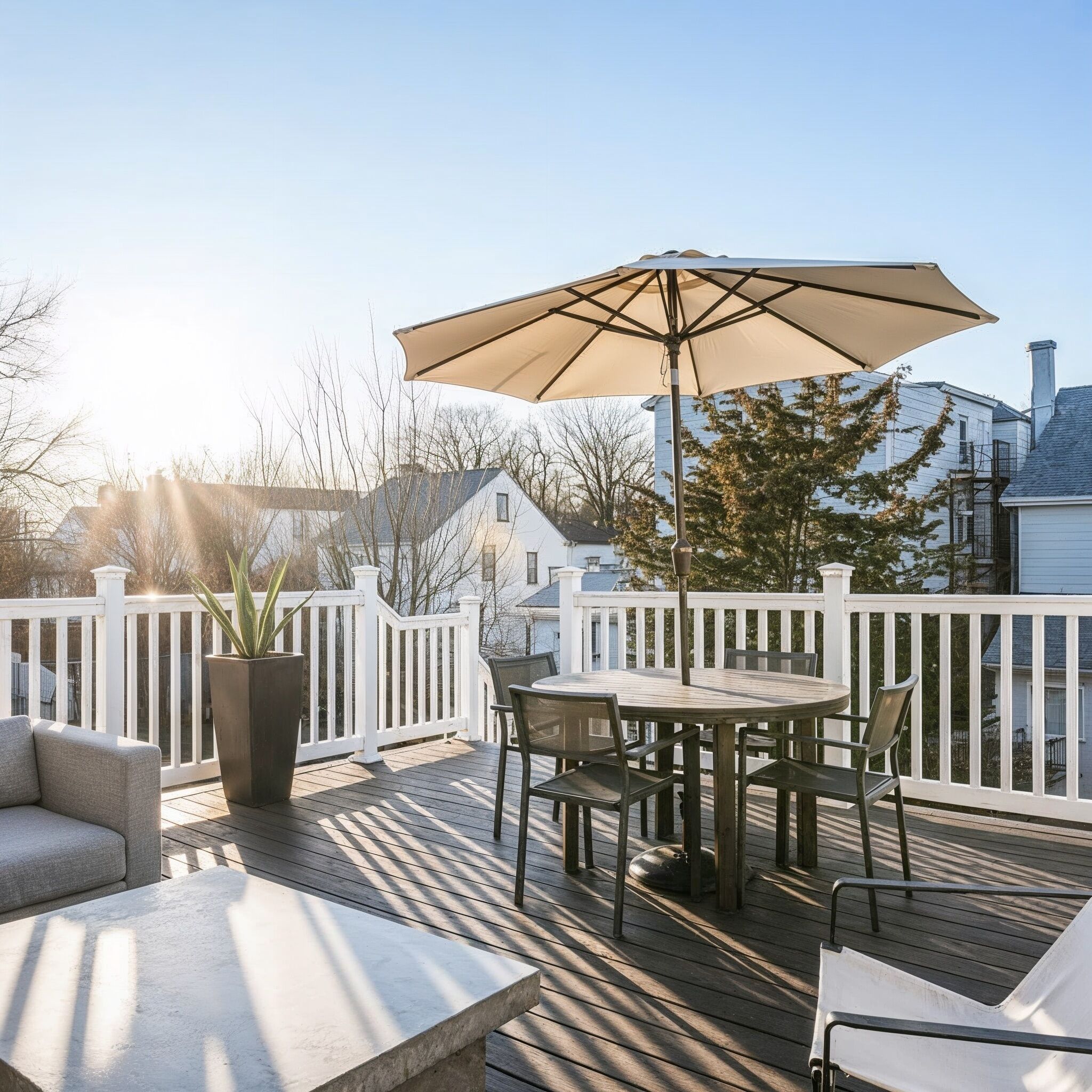 Eine Holzterrasse mit rundem Tisch und Stühlen, einem großen Sonnenschirm und einem Blumentopf.
