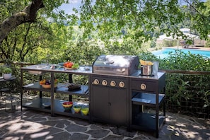 Ein Grillplatz im Freien mit Spüle, Schüsseln und Grill, vor einer Kulisse aus Bäumen und einem Pool.