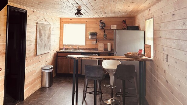 Un interior de madera con cocina, zona de bar y un proyector instalado en el techo.