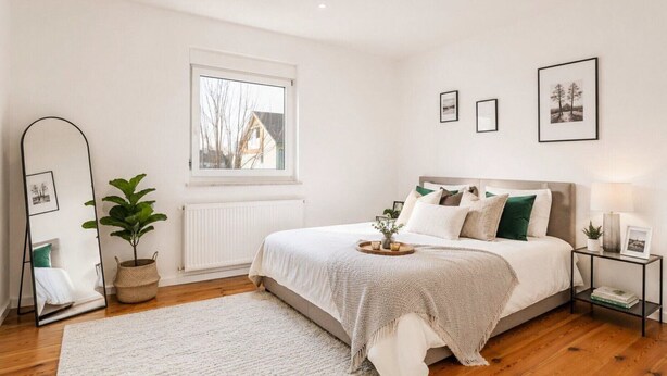 Une chambre à coucher comprenant un lit, une table de chevet, un miroir, une fenêtre et un radiateur.