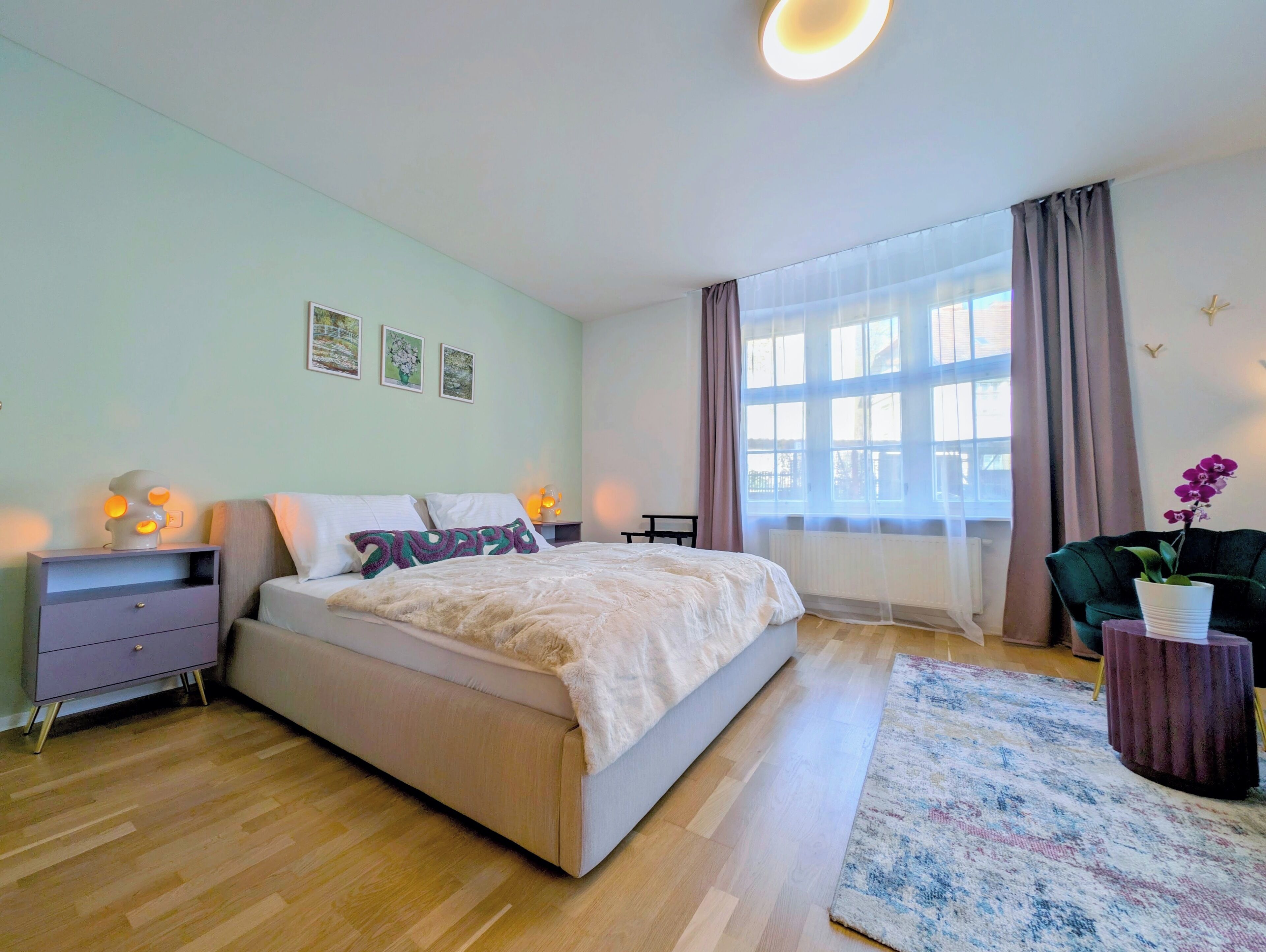 A bedroom with a bed, bedside tables, a window with curtains, a rug, and a potted plant.