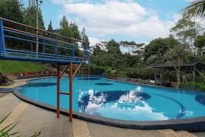Una piscina con plataforma de buceo, rodeada de árboles y una zona de estar cubierta.