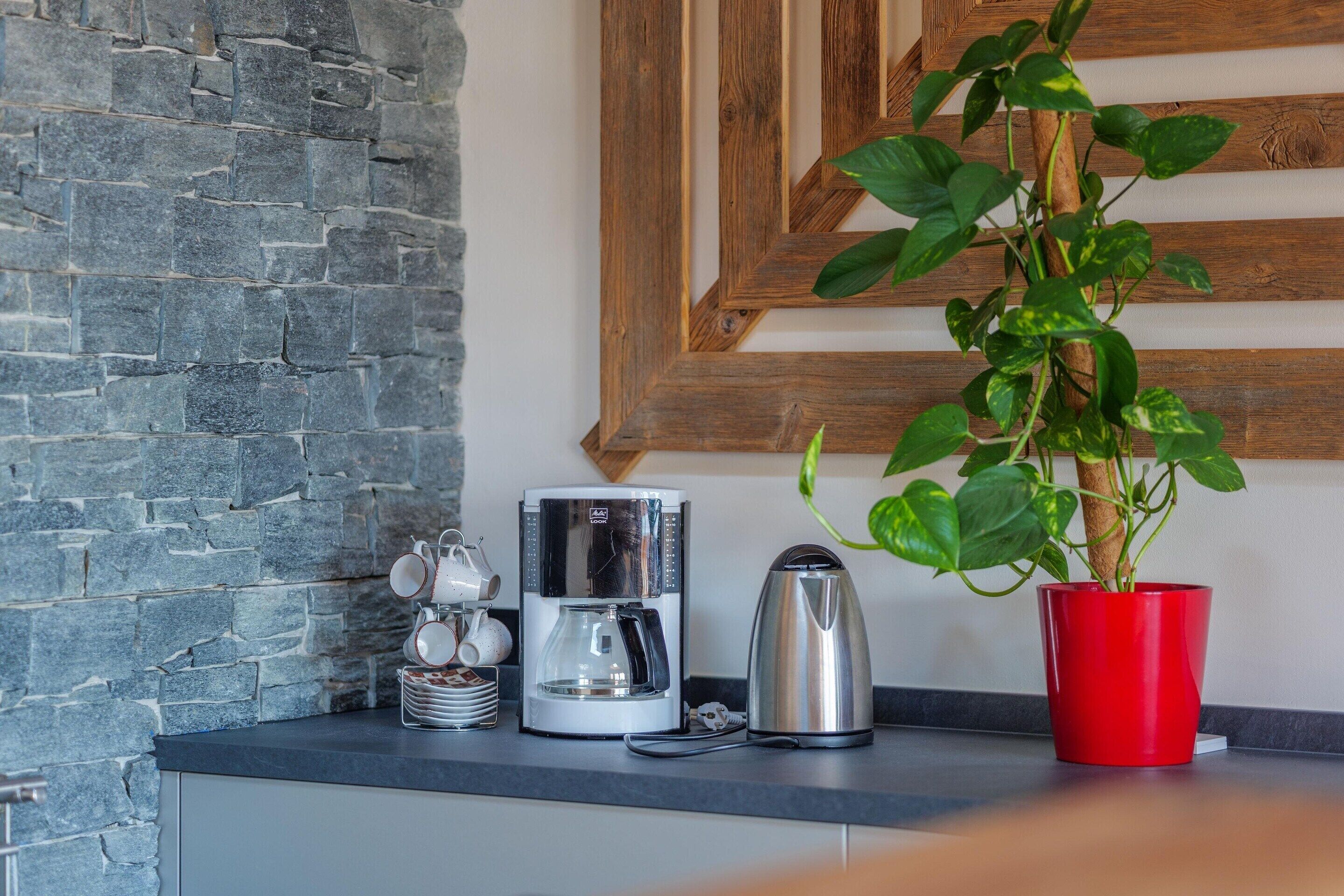 En køkkenbordplade med kaffemaskine, elkedel og en potteplante.