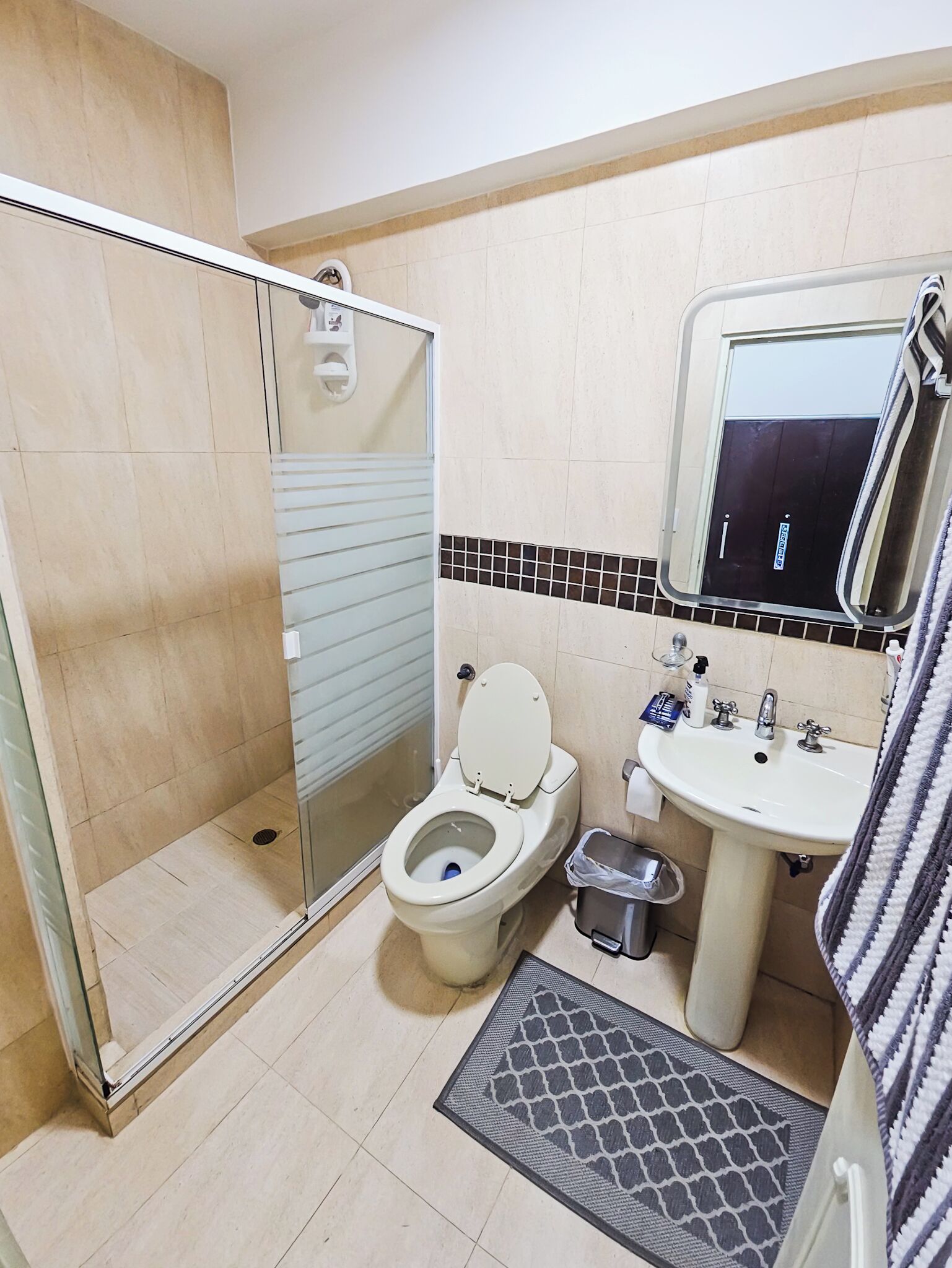 A bathroom with a toilet, sink, mirror, and shower.