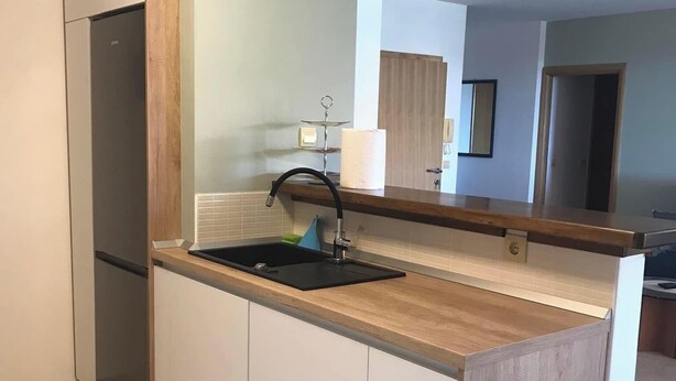 Eine moderne Küche mit integriertem Spülbecken, einer Holz Arbeitsplatte und einem Edelstahl-Kühlschrank.