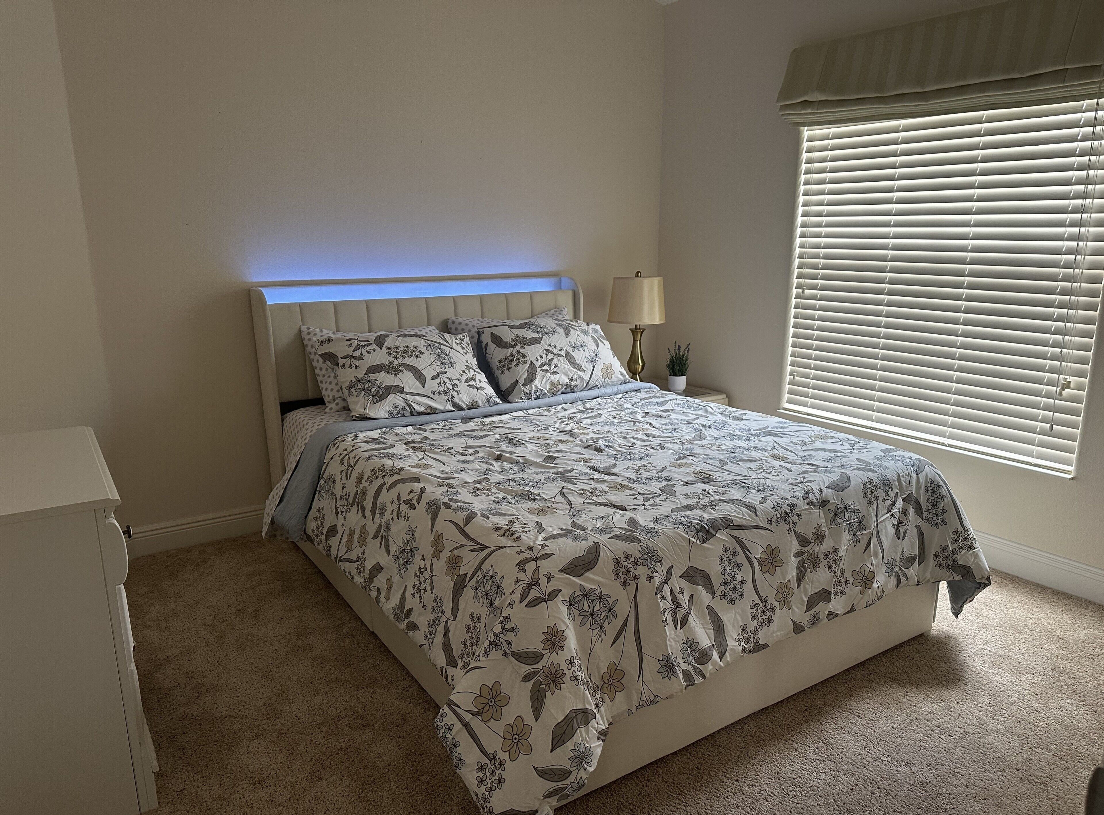 A bedroom with a bed, a bedside table with a lamp, a window with blinds, and a carpeted floor.