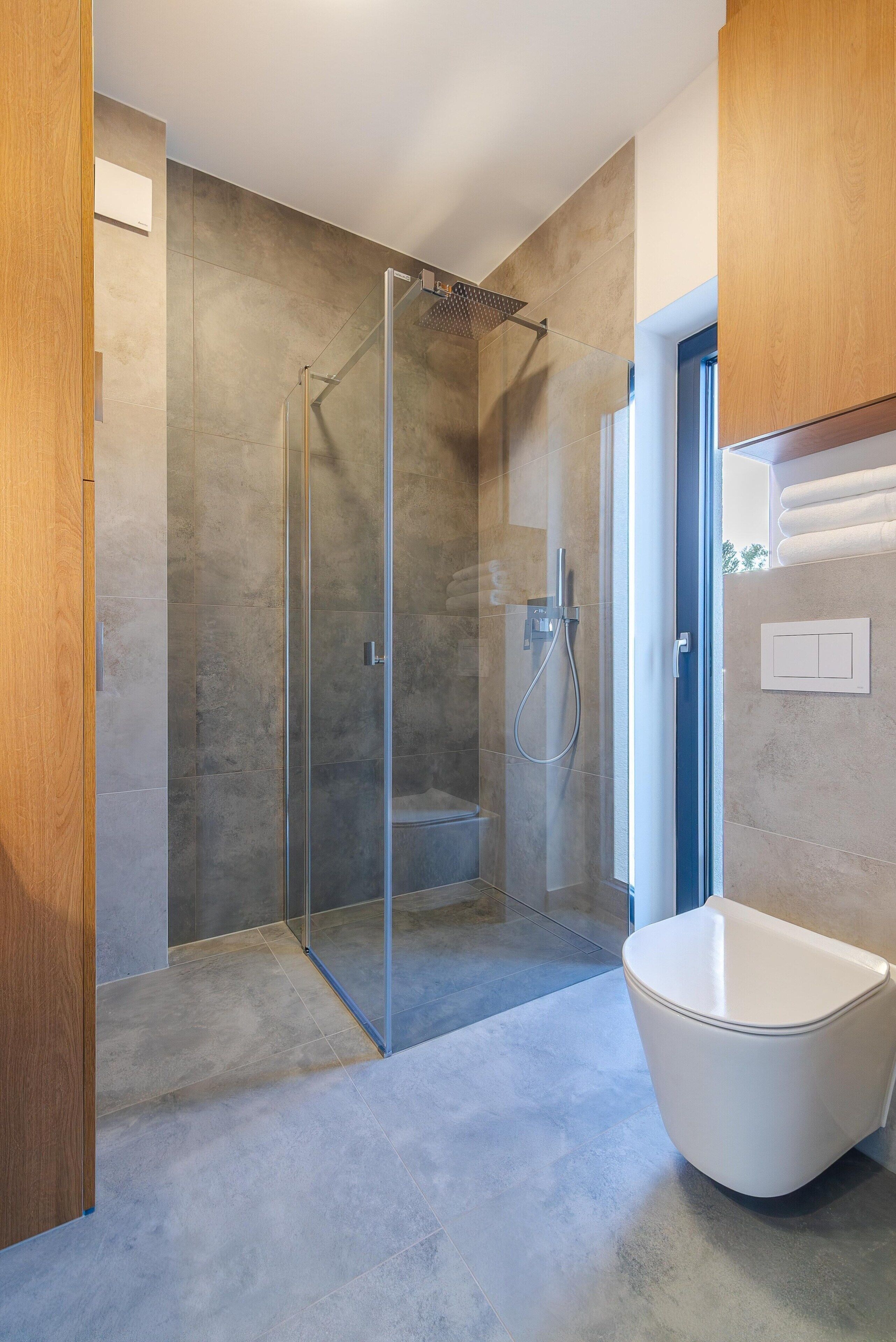 A modern bathroom with a glass-enclosed shower, a white toilet, and a wooden cabinet.