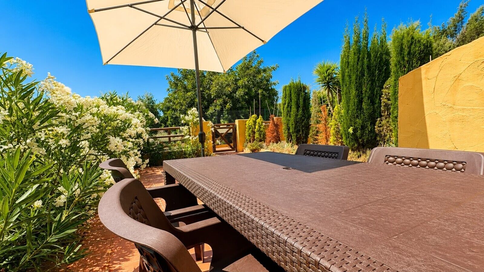 A sunlit outdoor dining area with a table and chairs, surrounded by greenery and a yellow wall.