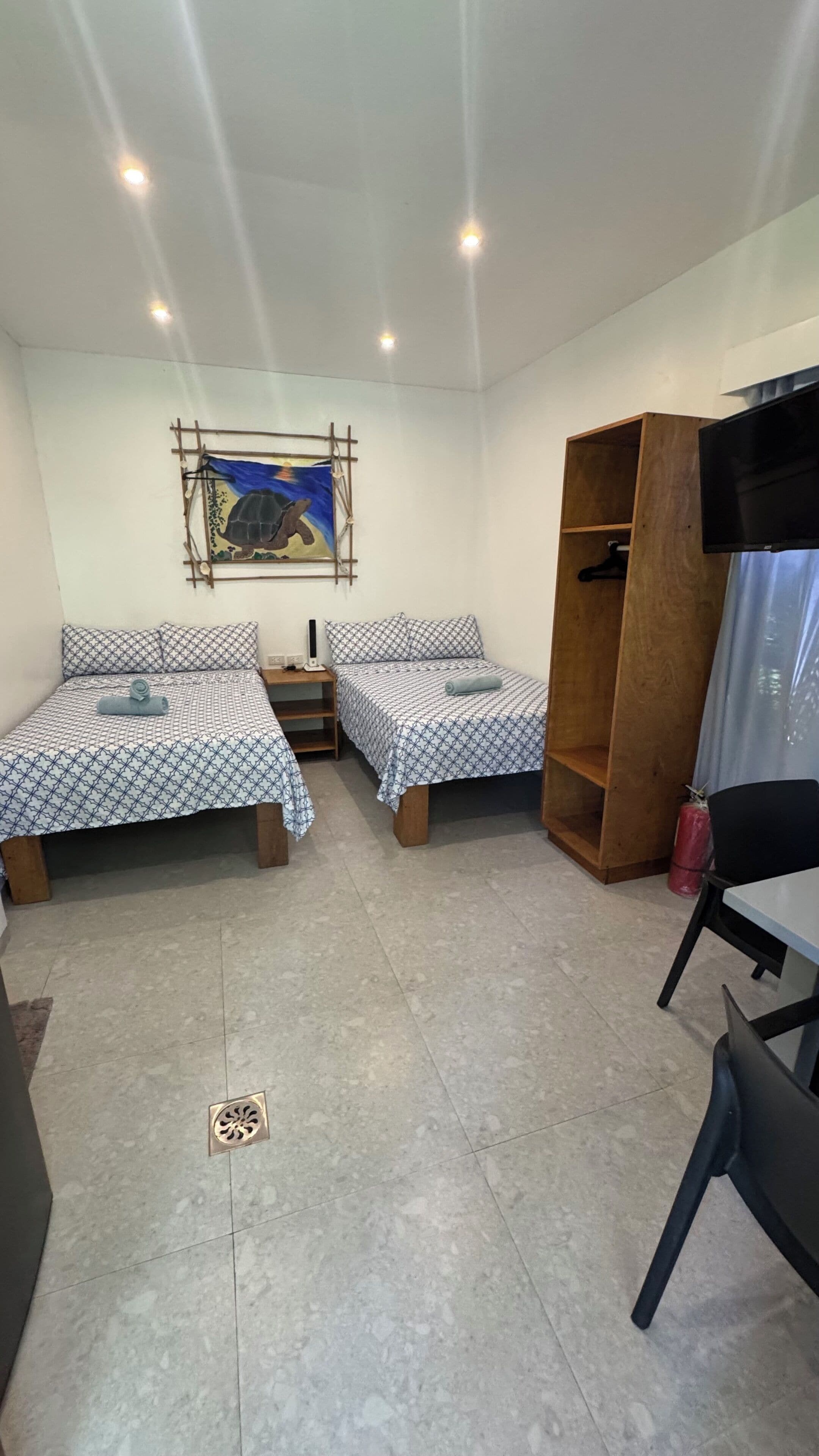 A room with two beds, a television, a wooden wardrobe, and a mural on the wall.