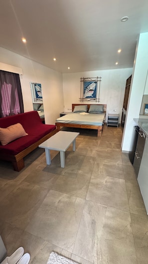 A compact living space with a bed, a sofa, a small table, and a kitchenette.