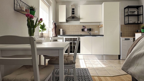 A modern kitchen with white cabinets, a dining table with chairs, a patterned rug, and a small potted plant on the windowsill.