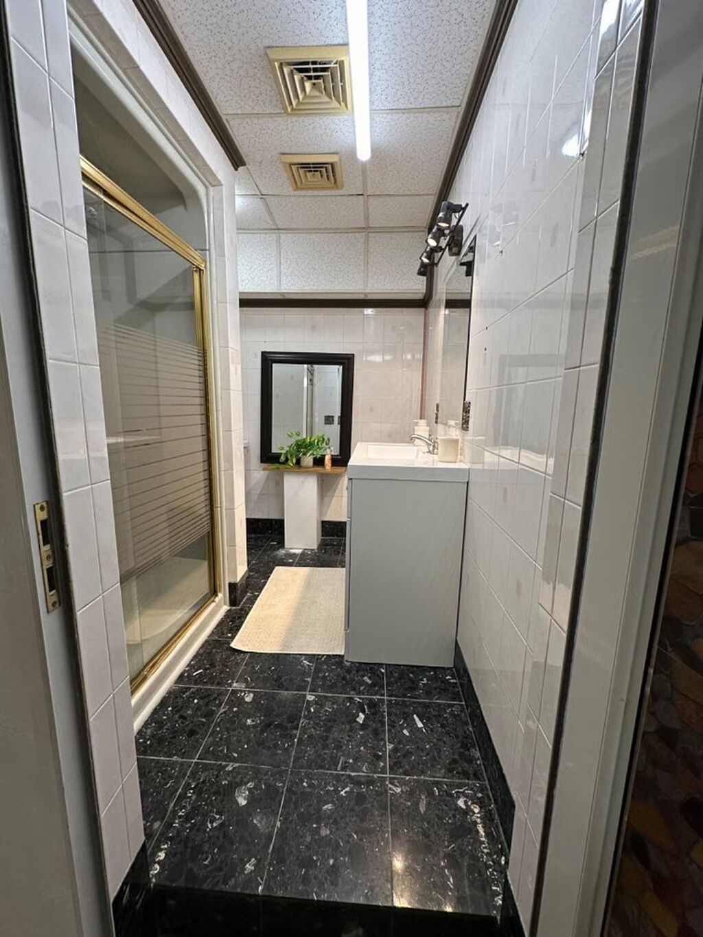 Un couloir étroit avec une porte en verre, un mur recouvert de carreaux blancs, un sol en marbre noir, un lavabo blanc avec un miroir et une petite plante en pot.