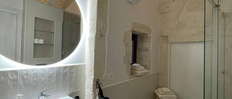 Shower, hair dryer, bidet, towels
