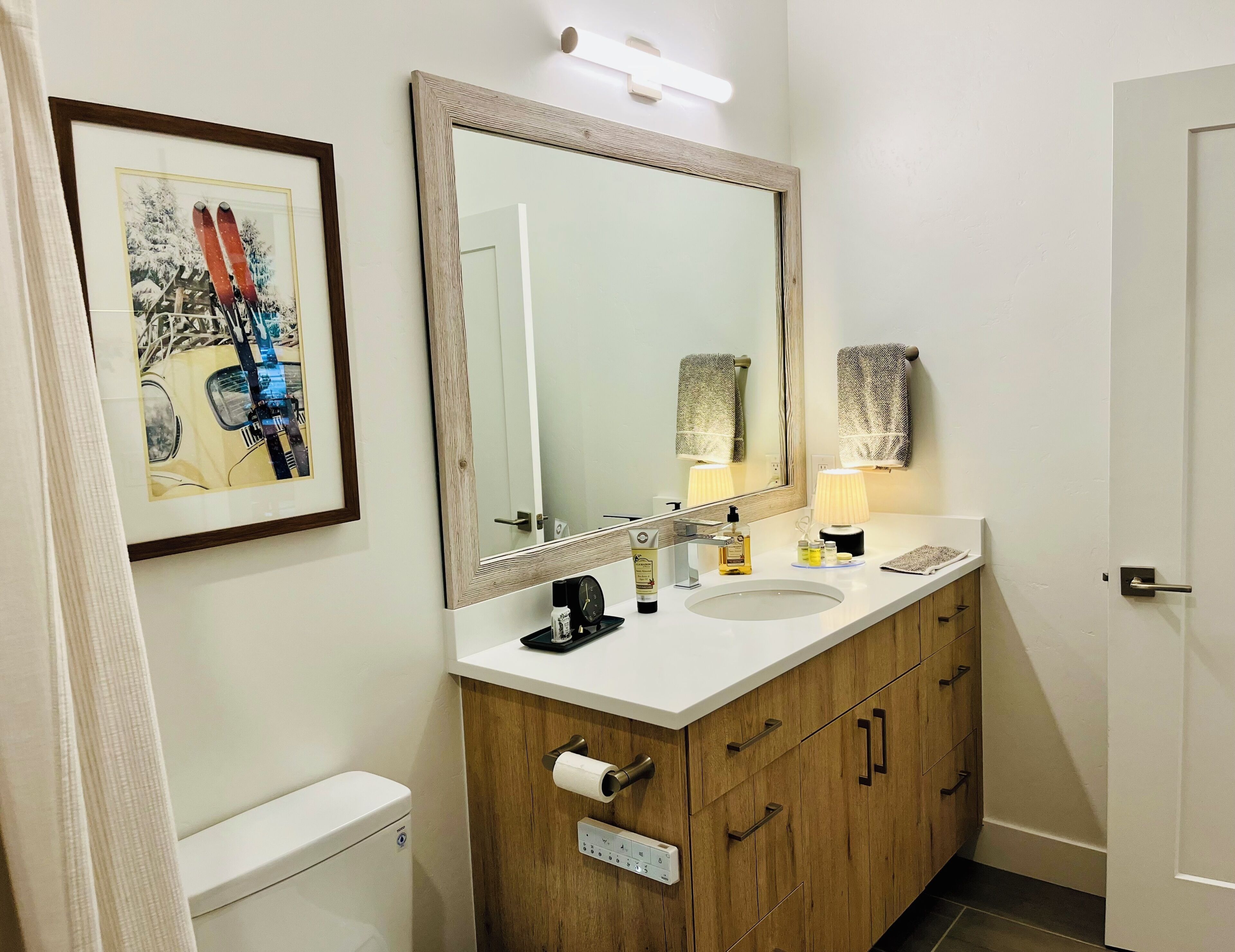 Hair dryer, bidet, towels, soap