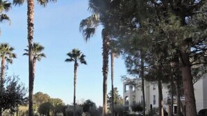 A landscaped area with palm trees, a fountain, and a building in the background. - Apartment with pool and garden in Saint Aygulf (Fréjus)