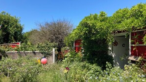 Un jardín con un sendero de piedra, una pelota roja y una señal de tráfico amarilla.