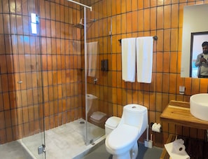 A bathroom with a glass-enclosed shower, a toilet, and a sink with a mirror above it. - Tapalpa Hotel Casa Colibrí (Tapalpa)