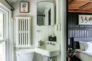 Ein Badezimmer mit Toilette, Waschbecken, Spiegel und einem Bett mit Kopfteil.