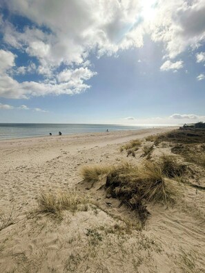 Ein Strand mit Dünen und blauem Himmel.