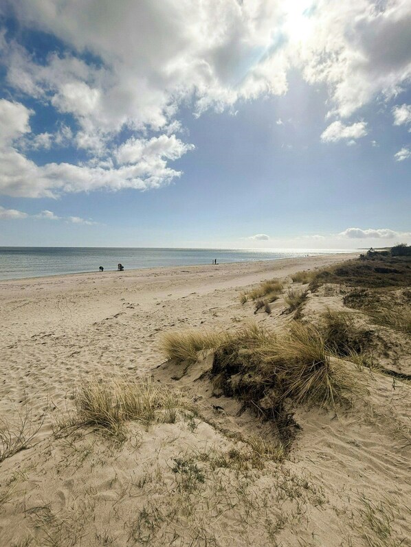 A beach with sand dunes and a clear sky. - Nature plot with sea access and outdoor shower (Væggerl)