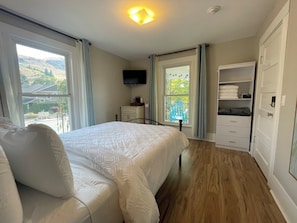 A bedroom with a bed, a TV, a dresser, a closet, and a window with a view of the outdoors.