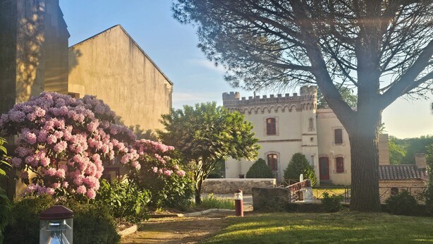 A courtyard with a large tree, a building with a tower, and a flower bush. - Relaxation area with private Jacuzzi in the Vendée ✨️ (Le Girouard)
