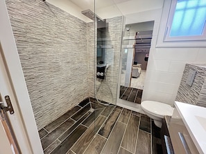 A modern bathroom with a glass shower enclosure, a toilet, and a sink.