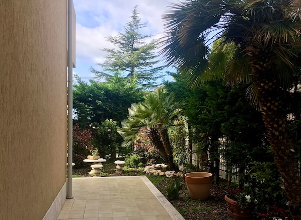 Un sentier mène à un jardin où l’on trouve une variété d’arbres, un palmier et une fontaine en pierre.