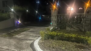 Una vista notturna di un'area di parcheggio con un vialetto curvo, immersa nel verde e illuminata da lampioni.
