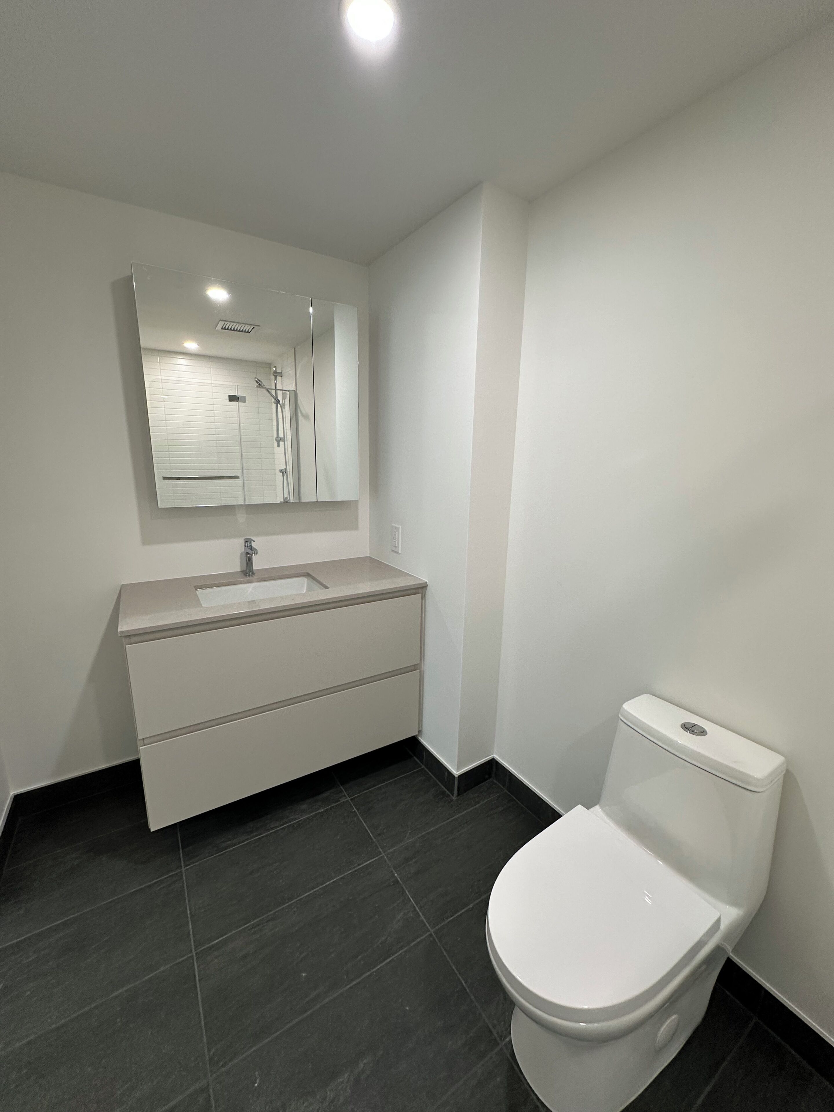 Une salle de bain moderne avec des toilettes blanches, un meuble-lavabo avec un miroir et un carrelage foncé.