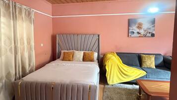 Une chambre à coucher avec un lit, un canapé, une table basse, un tableau et un ventilateur de plafond.