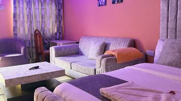 Une pièce comprenant un canapé, un fauteuil, une petite table, un lit et un rideau.