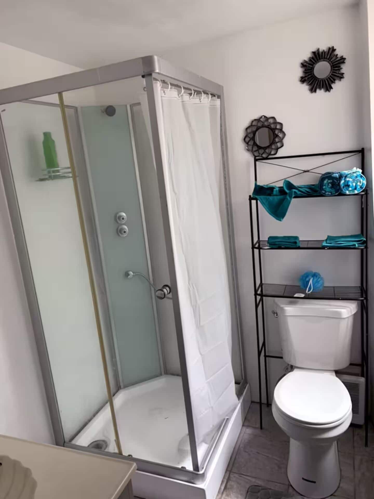 Shower, towels, soap, toilet paper