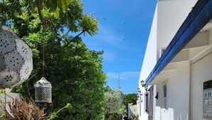 Une ruelle étroite ornée de plantes en pot, d’une lanterne suspendue et d’un bâtiment surmonté d’un toit bleu.