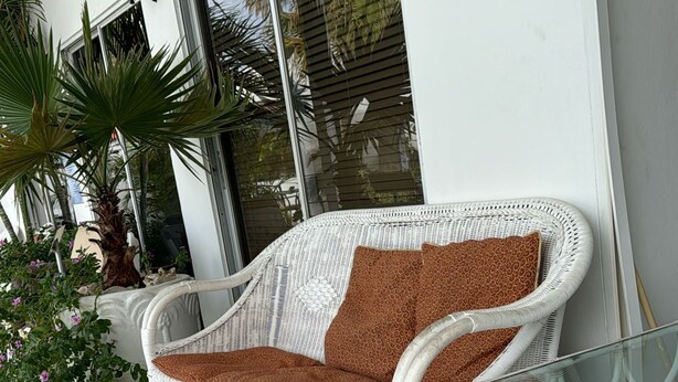 Un sofá blanco de mimbre con un cojín estampado, una mesa de vidrio y una planta en maceta sobre un patio con baldosas.