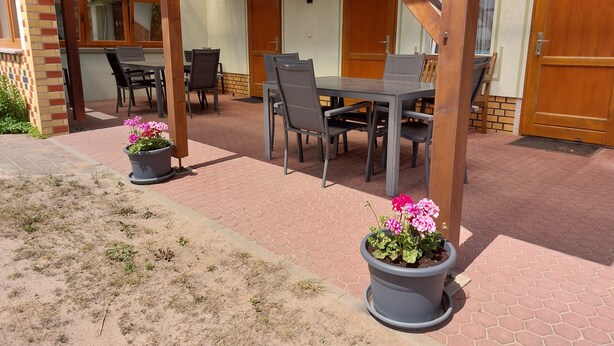 A covered patio area with a table and chairs, potted plants, and a wooden door. - Family-Friendly Vacation Rental in the Märkische Heide | Dogs Welcome (Märkische Heide)