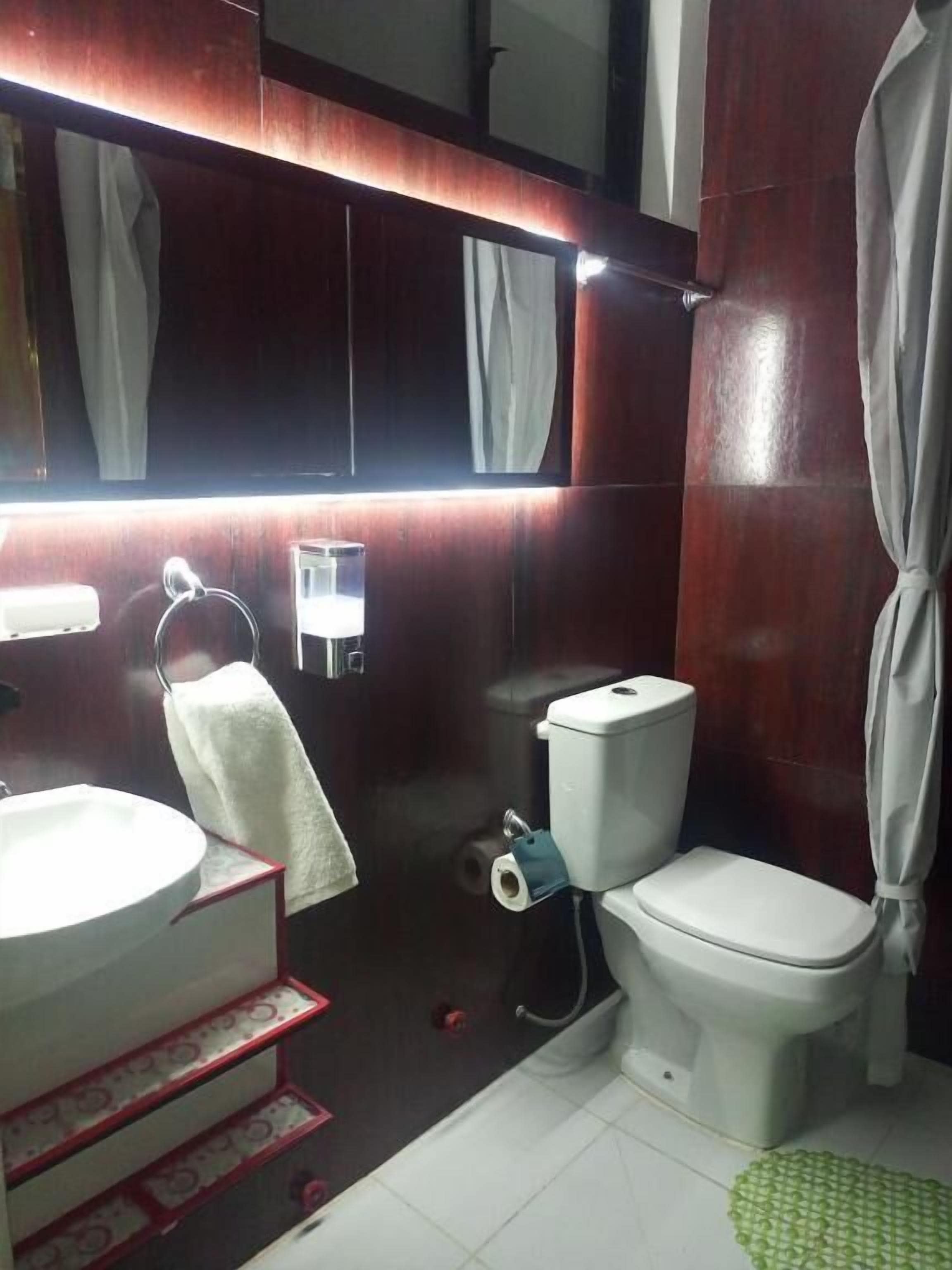 A bathroom with a round sink, a toilet, a mirror, and a shower curtain.