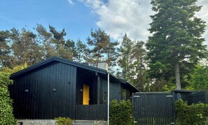 Une cabane en bois avec une porte jaune, entourée d’arbres et d’une clôture.