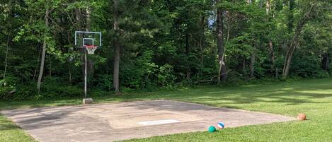Una cancha de baloncesto con aro, rodeada de árboles.