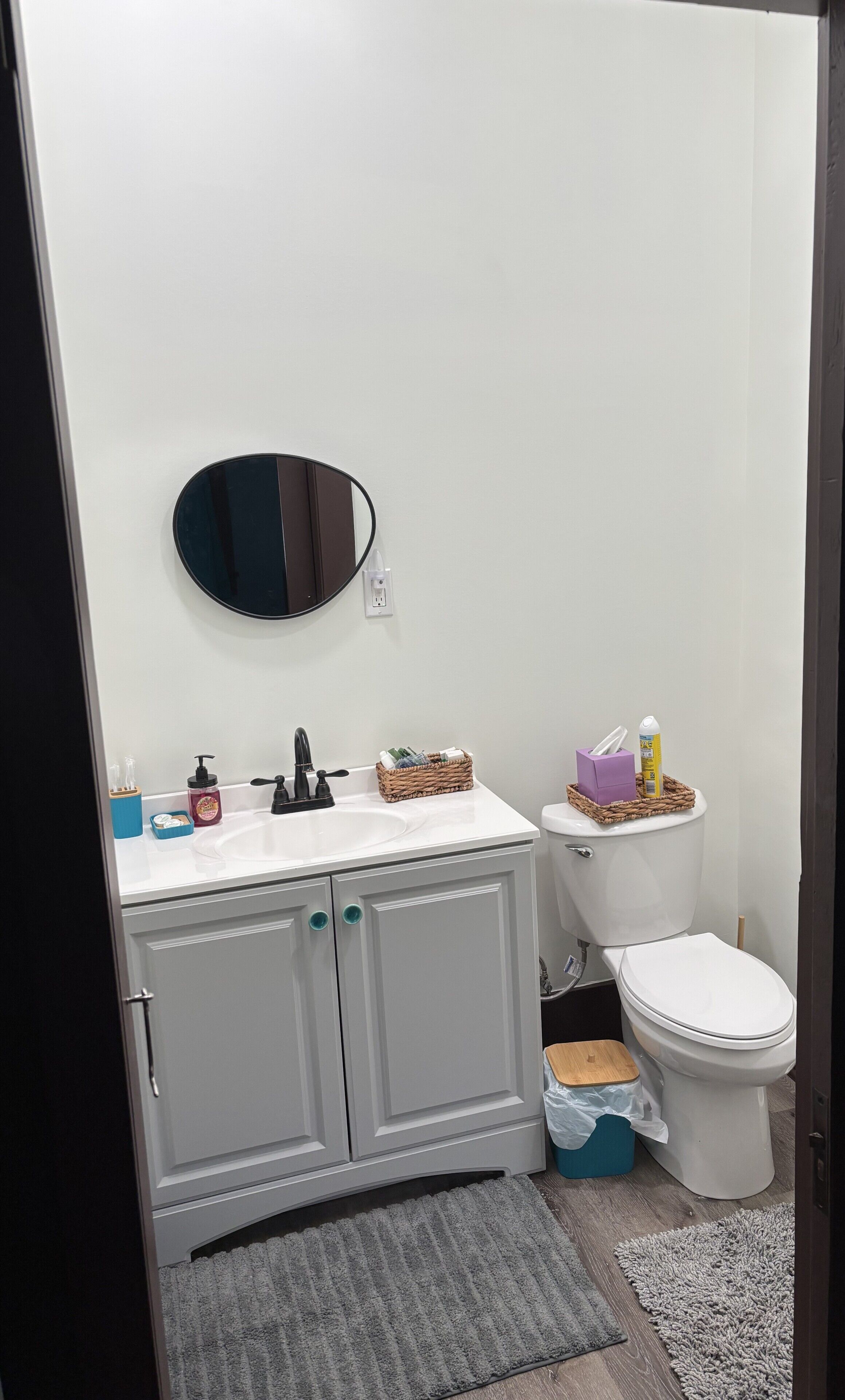 A bathroom with a white sink, a mirror, a toilet, and a cabinet.