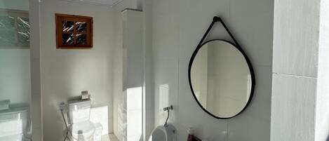 Shower, hair dryer, soap, toilet paper