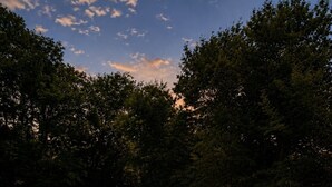 An outdoor seating area with three striped chairs around a fire pit. - Dog friendly(with dog fee),Close to Downtown,Historic District, (Galena)